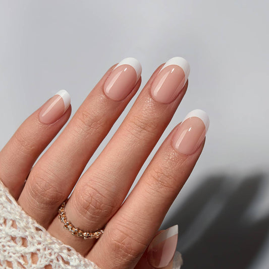 Short Oval French Tip Nails Press On - 30 Stick On Nails Kit
