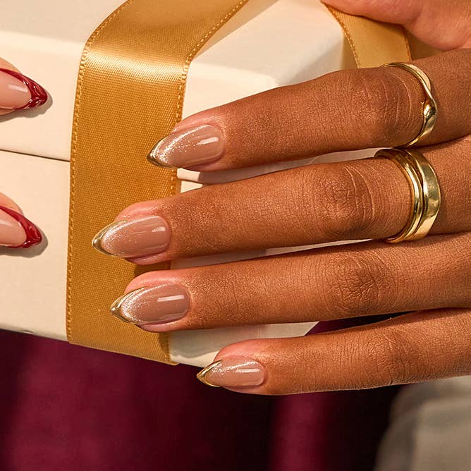3D Golden French Tip Cat Eye Nails- 32pcs Short Almond Brown
