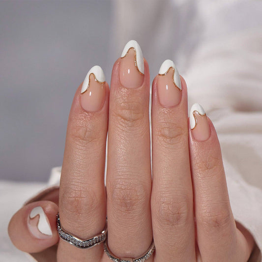 Gloden French Press On Nails - Almond Stick On Nails