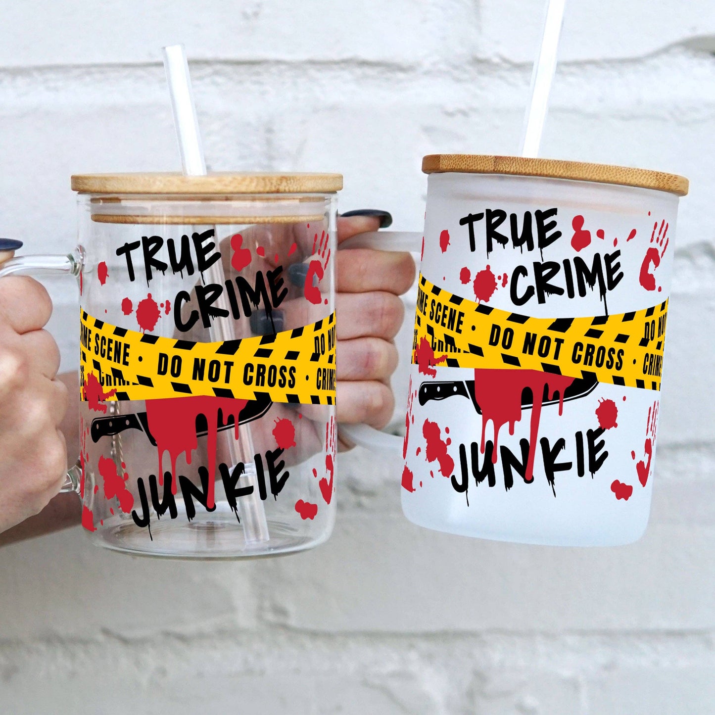 True Crime Junkie 17oz Glass Mug With Lid and Straw (Clear Glass)
