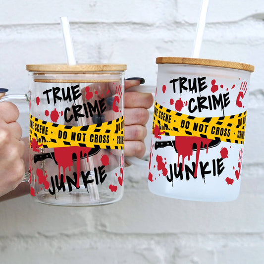 True Crime Junkie 17oz Glass Mug With Lid and Straw (Clear Glass)
