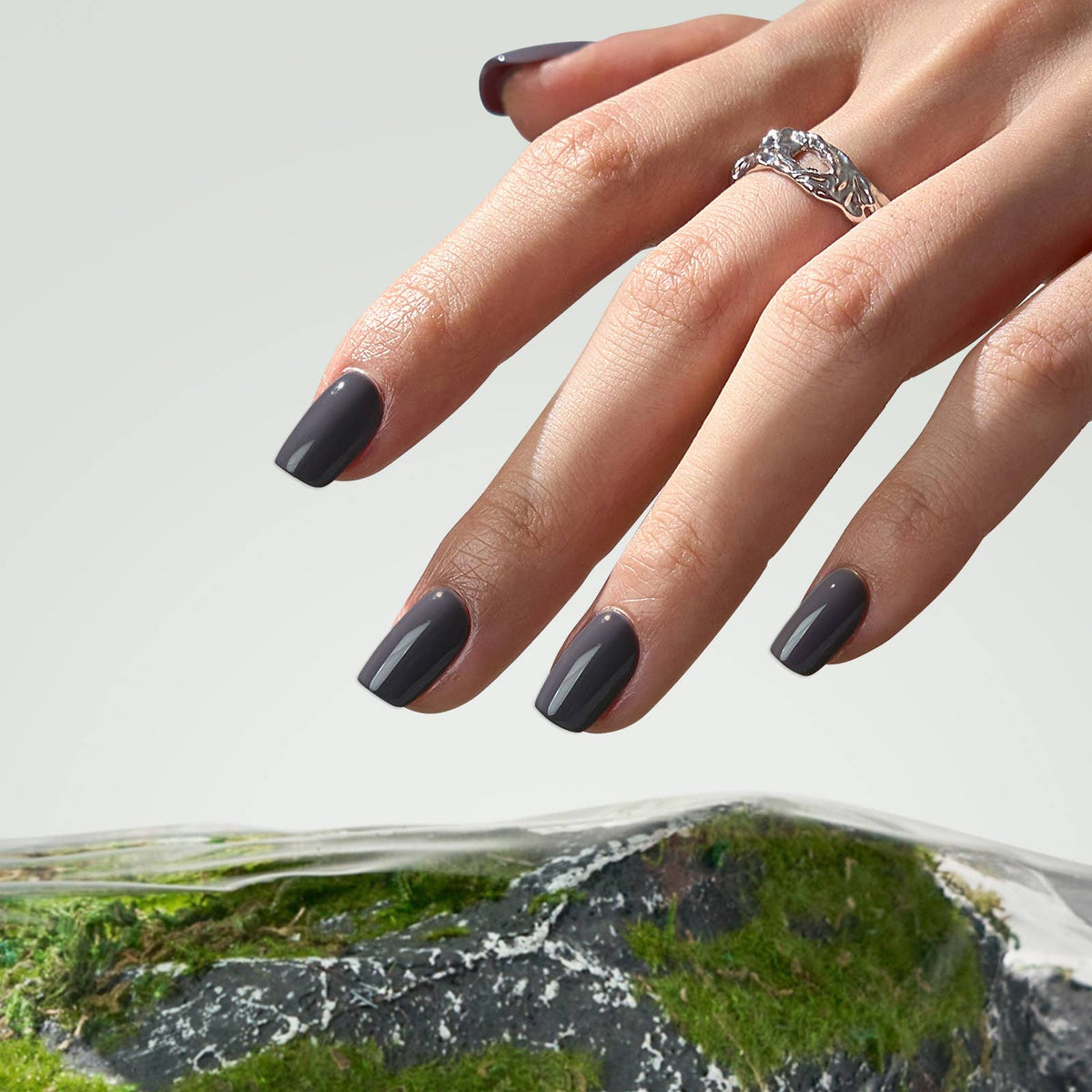 Deep Grey Squoval Press On Nails - Reusable False Nails Set: Fog Friend