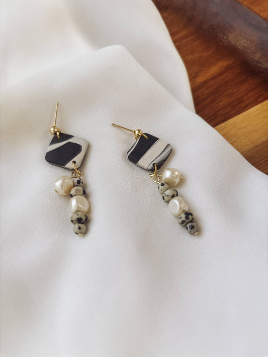 Marbled Clay Diamond Earrings with Pearl & Dalmatian Jasper : Black