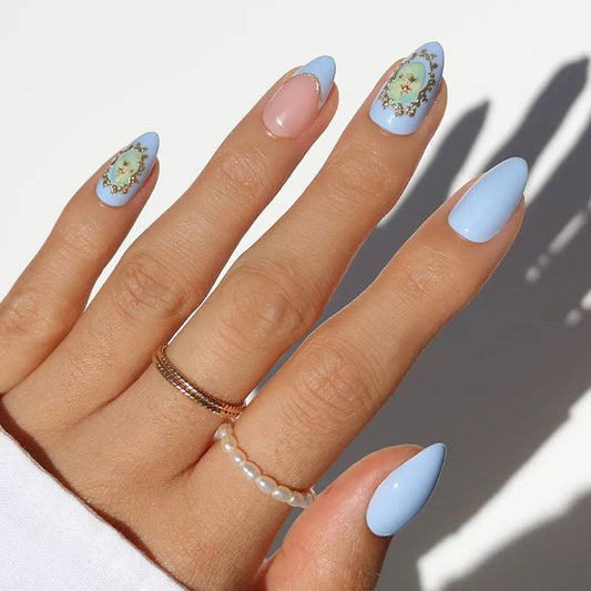 Angel In Blue Short Almond Press-On Nail |French Tip 3D Gold