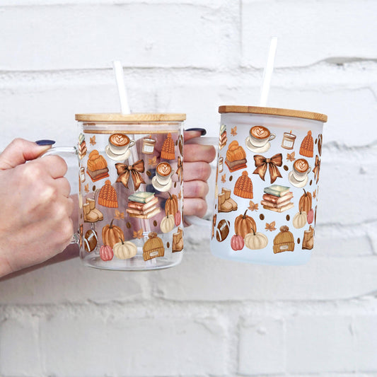 Cozy Fall Things 17oz Glass Mug With Lid and Straw: Clear With Lid and Straw