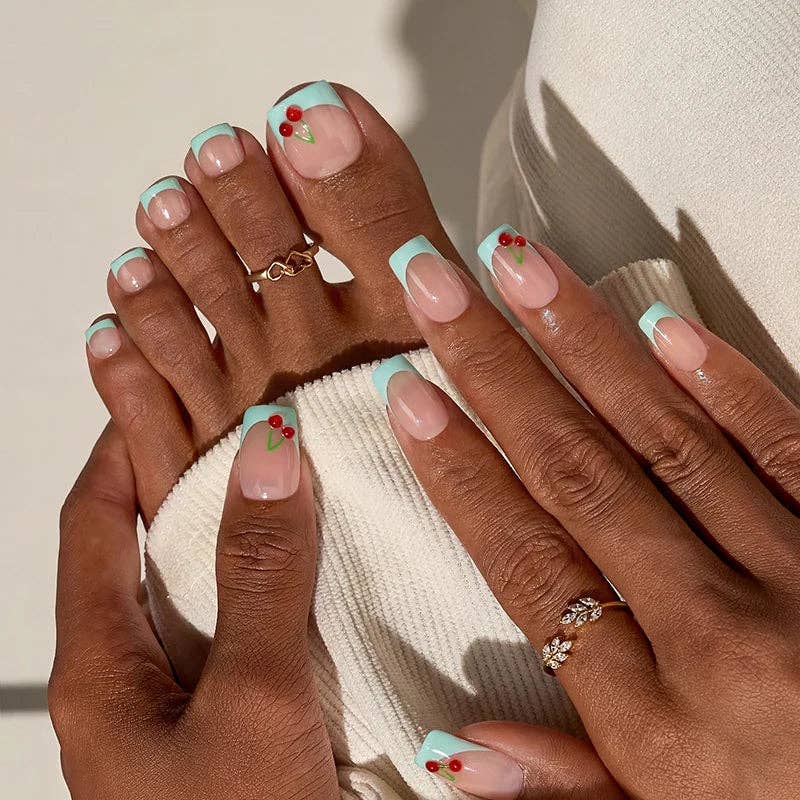 Mint Green Press On Nails with Glue -Short Square Fake Nails: Berry Pail