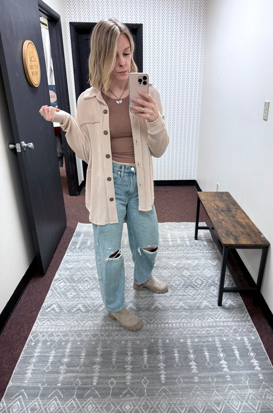 The Ribbed Button Down Shacket – Oatmeal