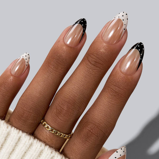 Polka Dot Chrome Press On Nails -  French Tip Almond Nails