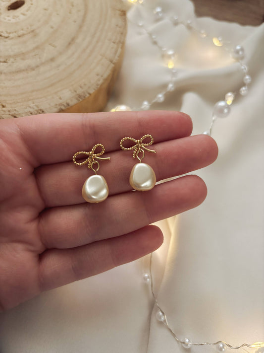 Gold Bow and Pearl Earrings