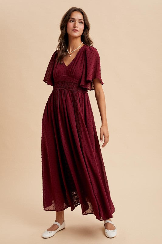 Burgundy Swiss Dot Flutter Sleeve Maxi Dress