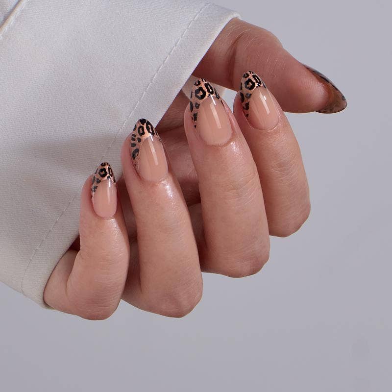 Leopard French Tip Press On Nails - Almond Brown Fake Nails