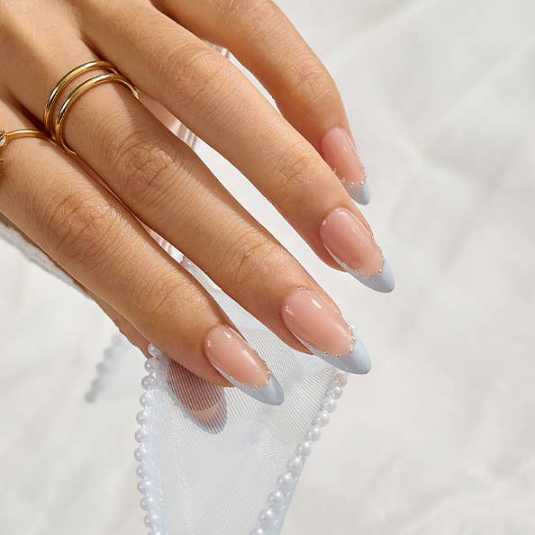 Blue Medium Almond French Nails - Wedding Rhinestone Nails