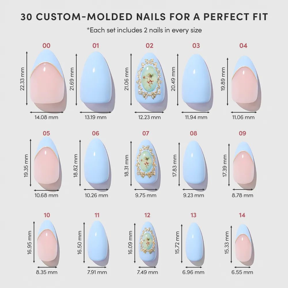 Angel In Blue Short Almond Press-On Nail |French Tip 3D Gold