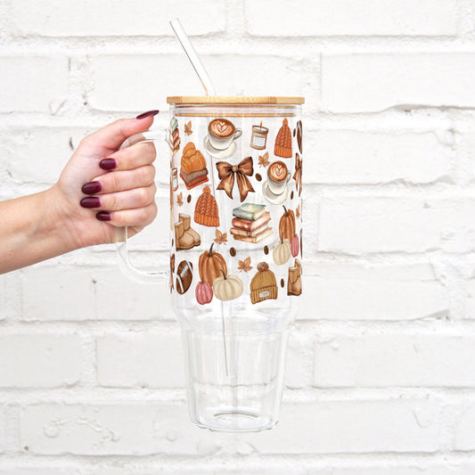 Cozy Fall Things 40oz Tumbler With Lid and Straw: 40oz Glass Tumbler with Bamboo Lid