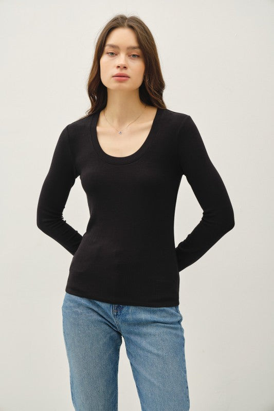 Ultra Soft Ribbed Scoop Neck Long Sleeve – Black