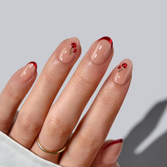 3D Cherry Short Almond Nails - Cherry Charm