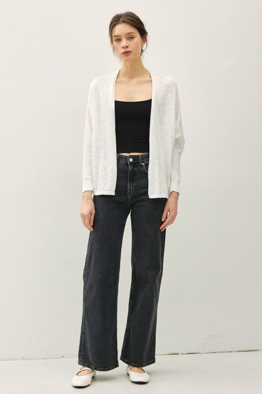 Open Front Slub Dolman Sleeve Cardigan- Soft White