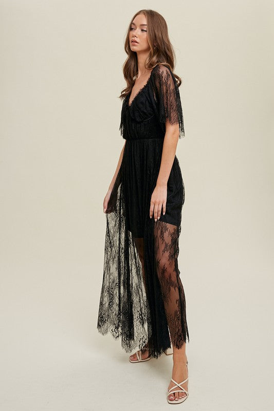 Ethereal Lace Overlay Maxi Dress – Black