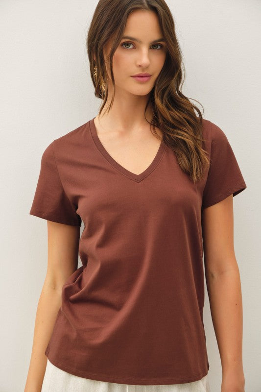 Classic Cotton V-Neck Tee – Cocoa Brown