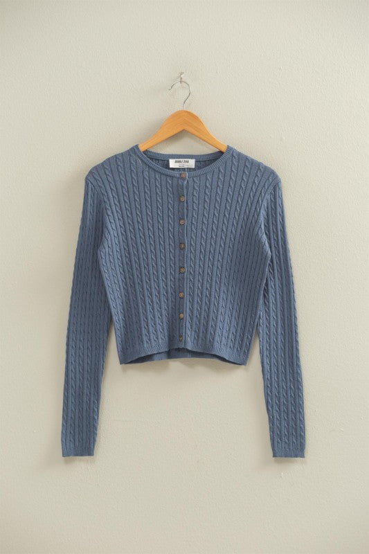Lightweight Cable Knit Button-Up Cardigan – Cream & Blue