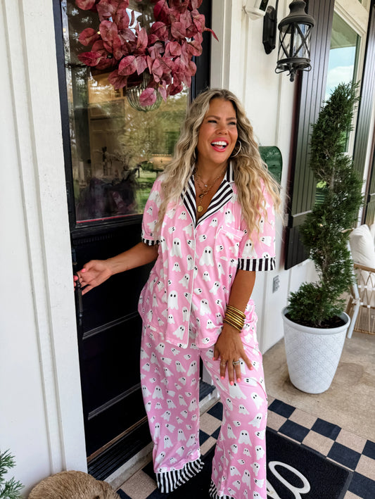 🎃 Luxe Ghost PJ Set – Pink & Spooky Cute 👻 (Pre-Order)
