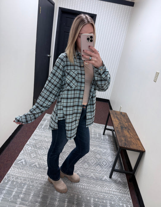 Sky Blue Plaid Oversized Flannel Shirt