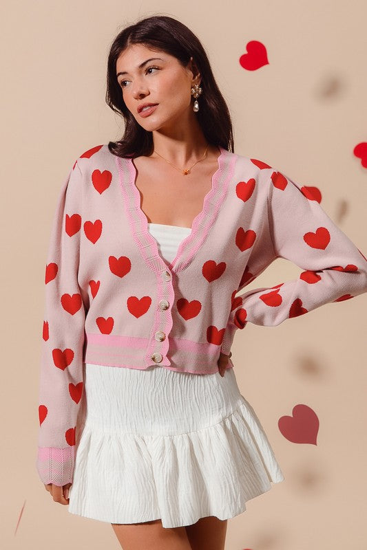 Pink & Red Heart Button Up Cardigan