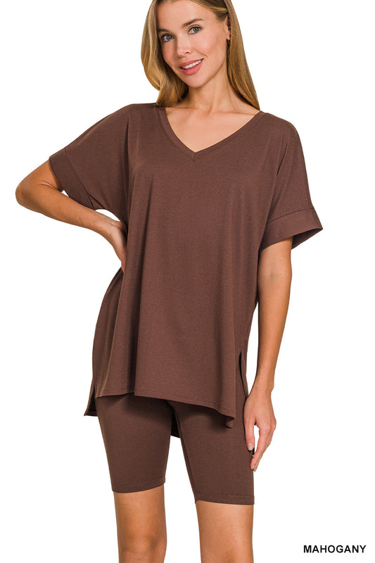 Mahogany Brushed Microfiber V-Neck Top & Biker Shorts Set