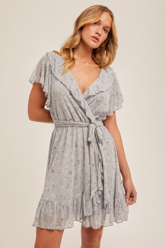 Blue Ruffle Wrap Floral Dress