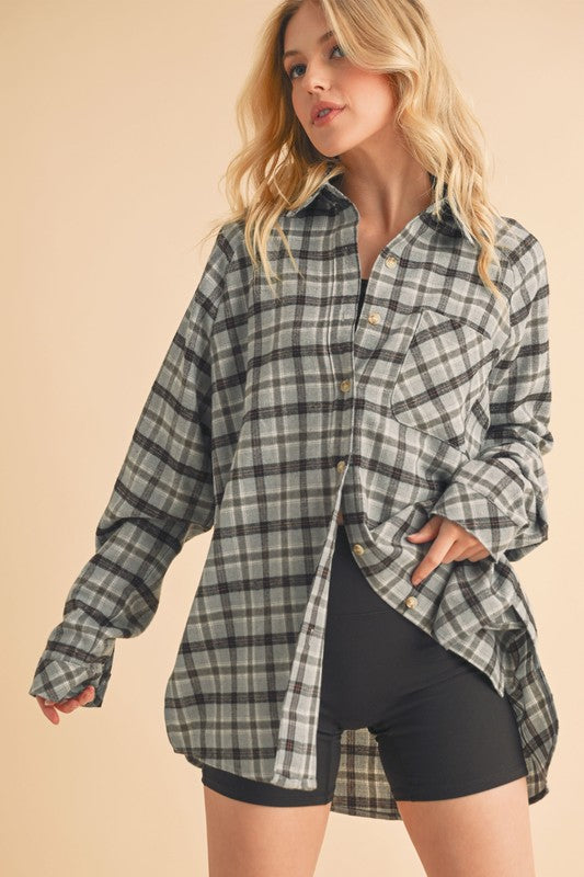 Sky Blue Plaid Oversized Flannel Shirt
