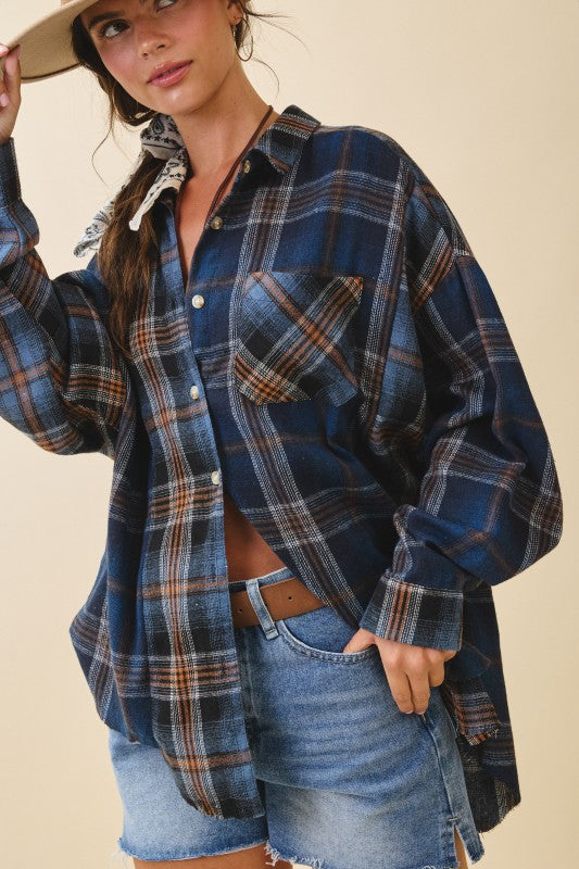 Navy Plaid Oversized Flannel Shirt