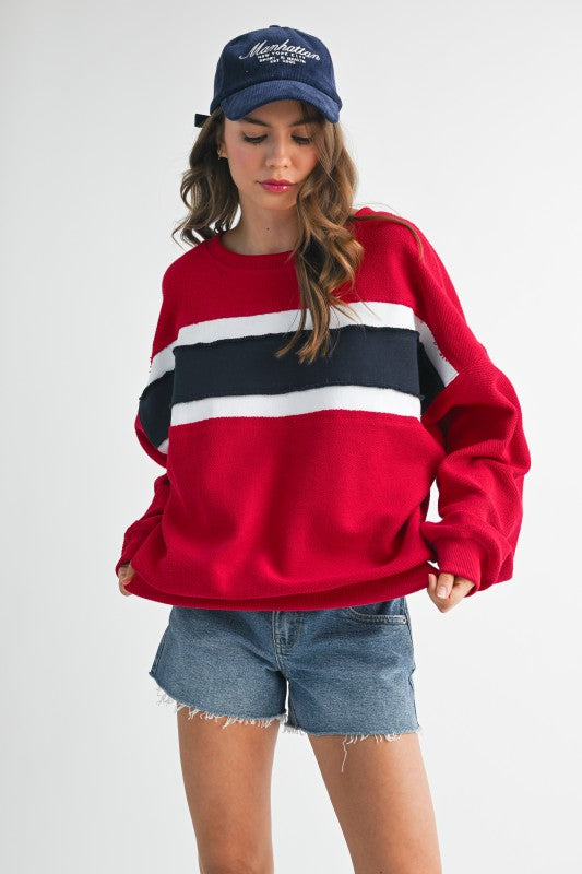 Red Colorblock Knit Pullover