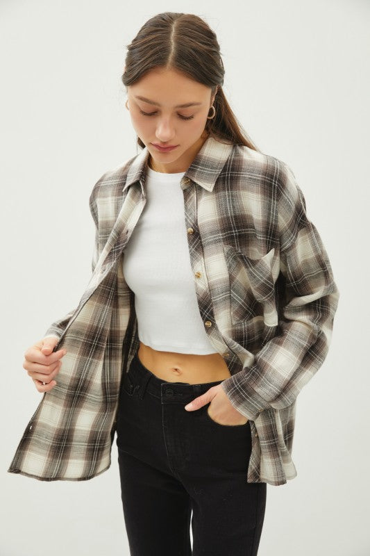 Charcoal Grey Plaid Flannel Button Down