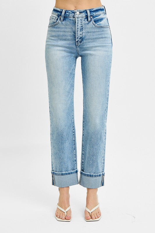 Risen Tummy Control High Rise Crop Straight Roll Up Jeans