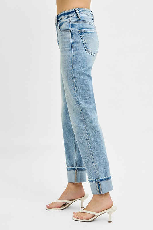 Risen Tummy Control High Rise Crop Straight Roll Up Jeans