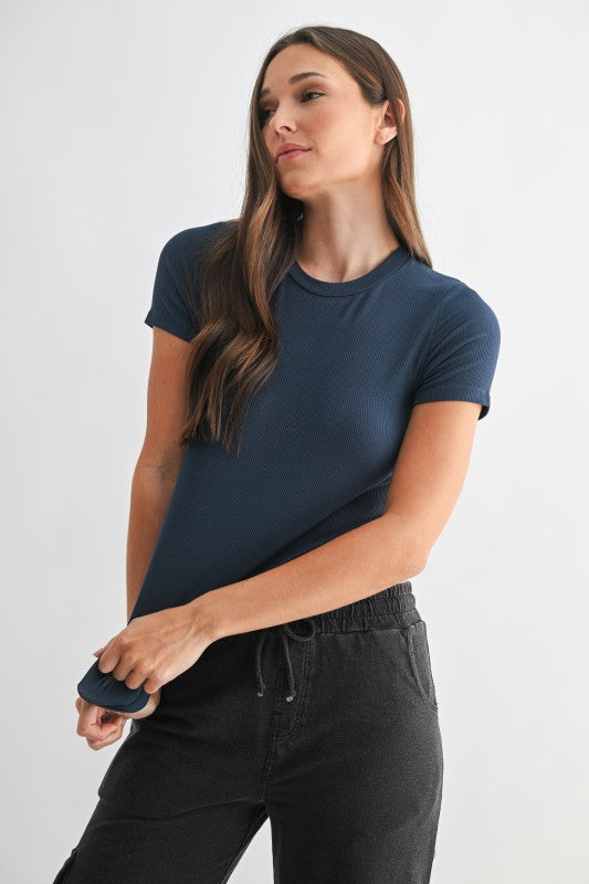 Essential Short-Sleeved Micro-Ribbed Top – Midnight Navy