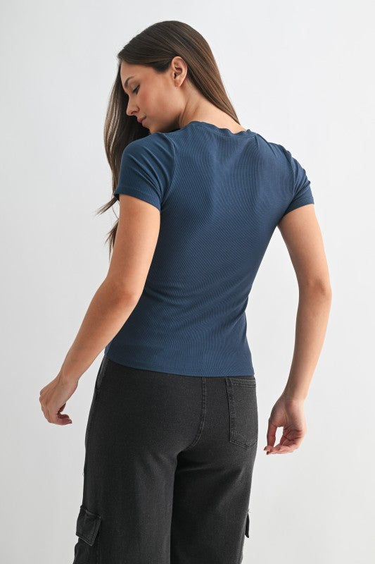 Essential Short-Sleeved Micro-Ribbed Top – Midnight Navy