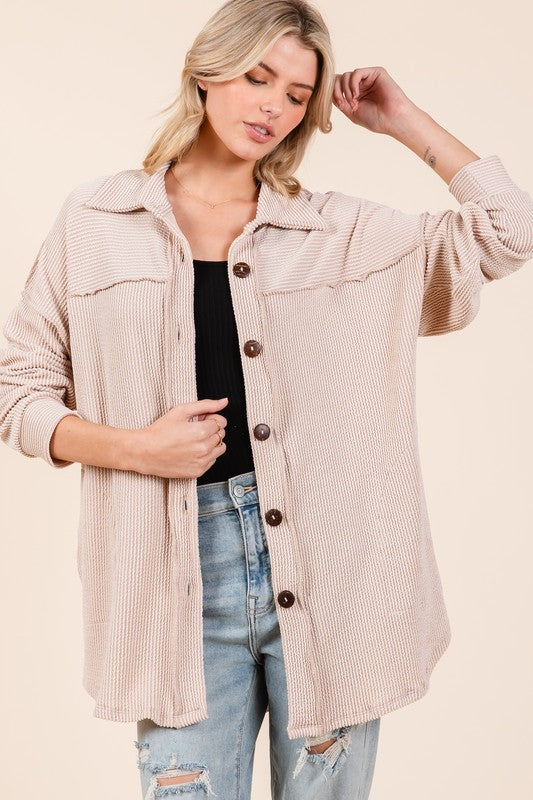 The Ribbed Button Down Shacket – Oatmeal