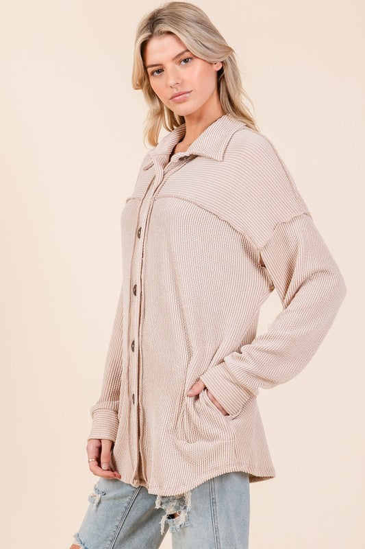 The Ribbed Button Down Shacket – Oatmeal