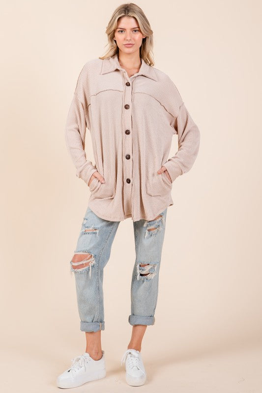 The Ribbed Button Down Shacket – Oatmeal