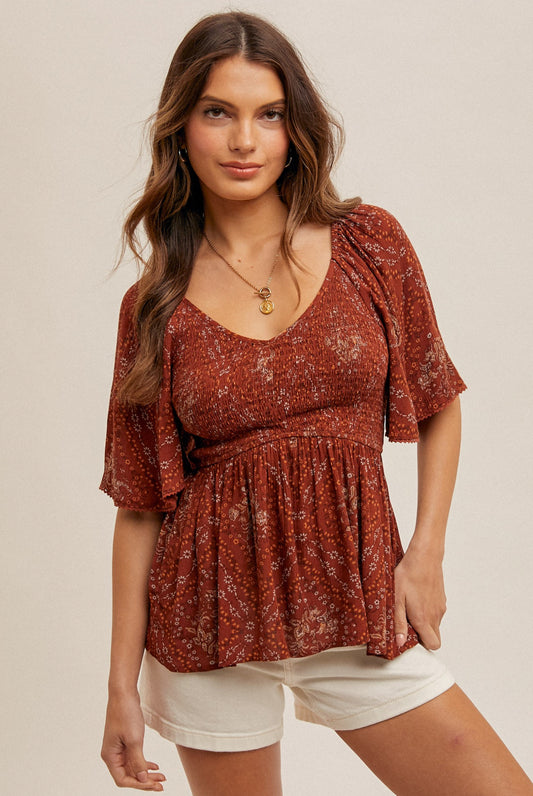 Rust Flutter Sleeve Top