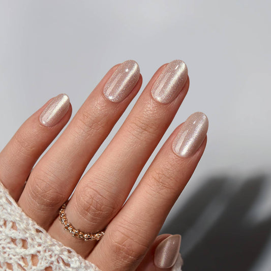 Short Oval Press On Nails - Soft Gel Beige Cat Eye Fake Nail