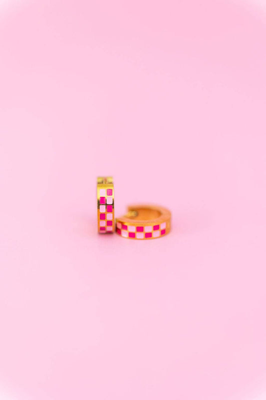 Pink Checkered Chunky Huggie Hoops