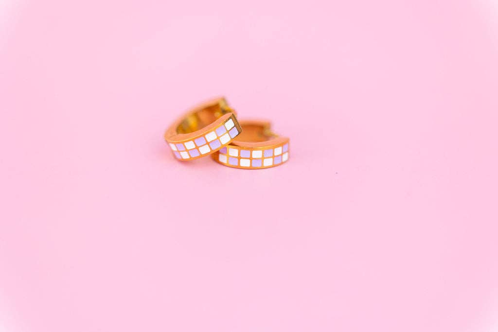 Lavender Checkered Chunky Huggie Hoops