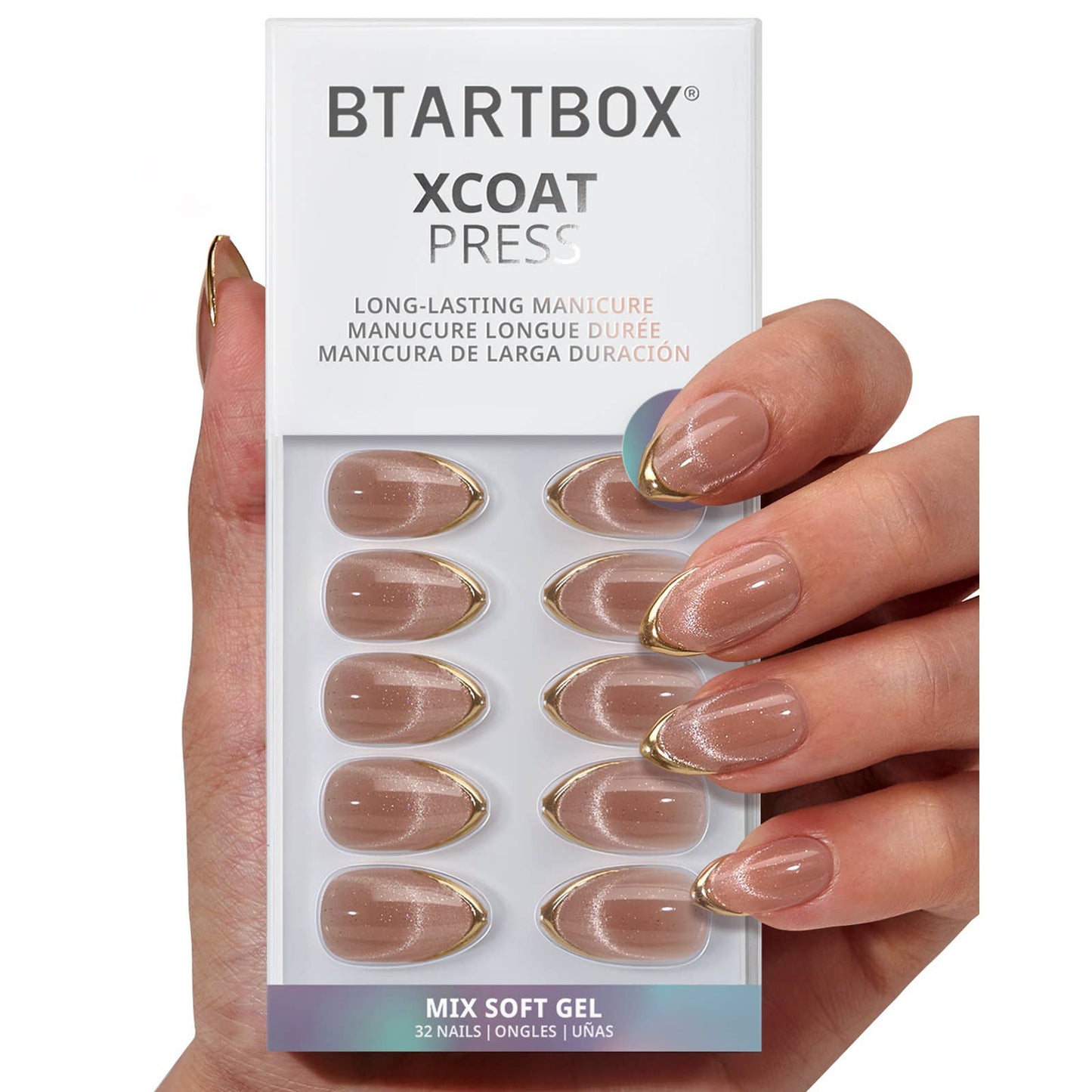 3D Golden French Tip Cat Eye Nails- 32pcs Short Almond Brown