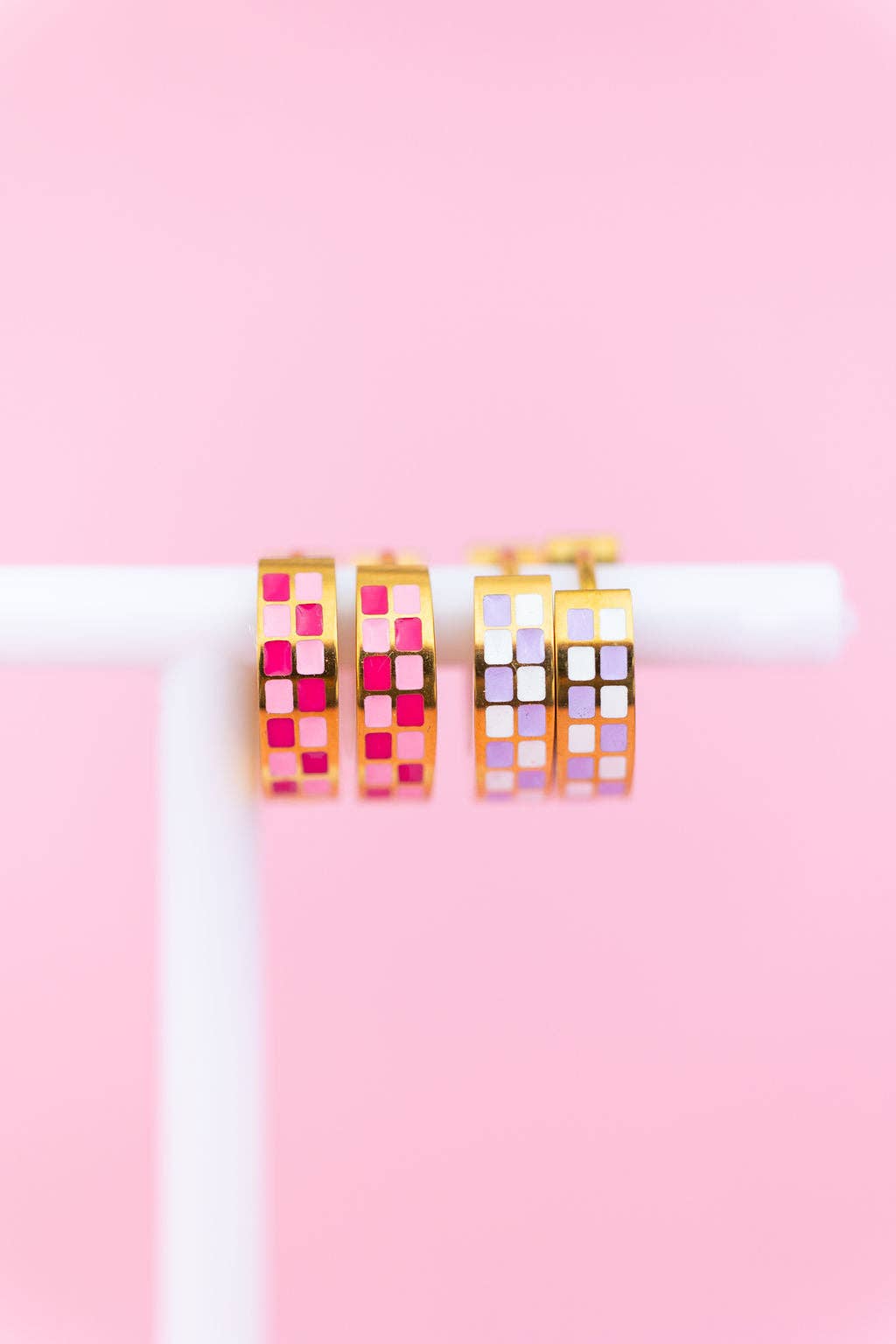 Lavender Checkered Chunky Huggie Hoops