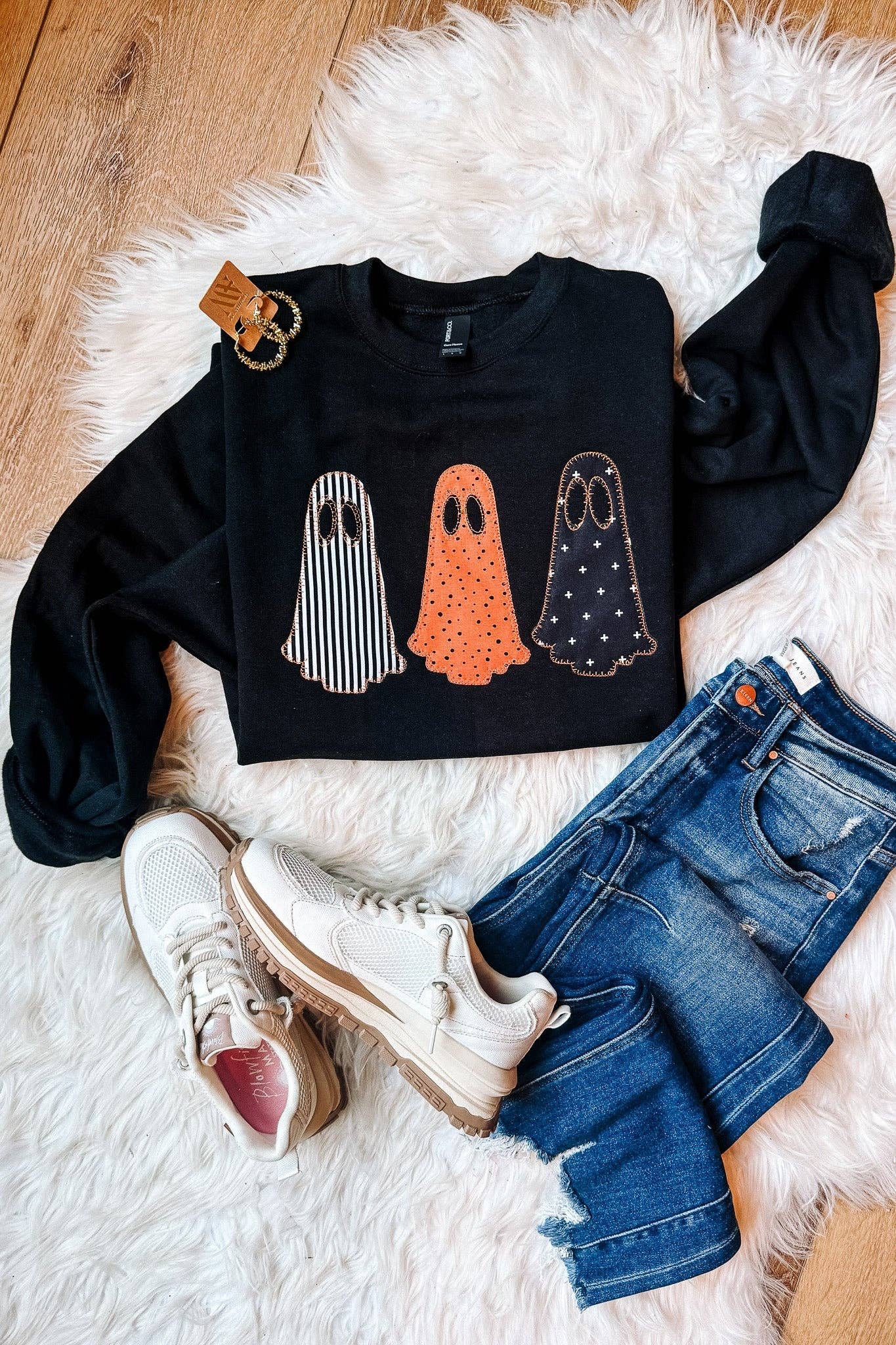 3 Spooky Ghosts Appliqué Embroidered Sweatshirt