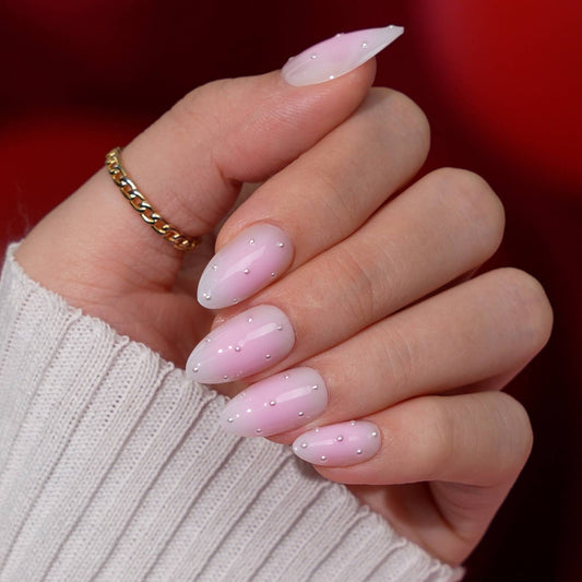 3D Pearl Pink Ombre Almond Nails - Spring Fake Nails Set