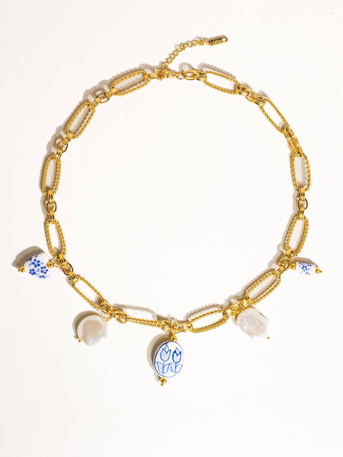 Riela 18K Gold Non-Tarnish Ceramic Floral Chain Necklace: Blue