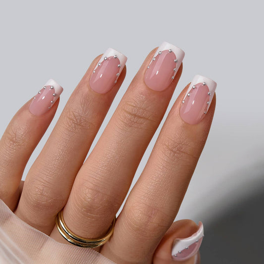 Short Square French Tip Nails - Wedding Press On Nails